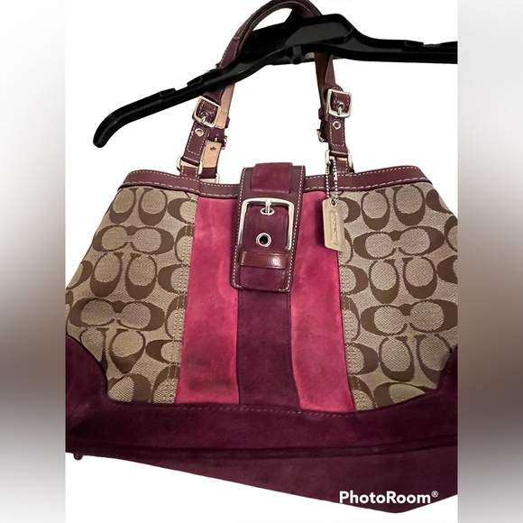 Coach Handbags - Coach: Pink, Burgundy and Cream Coach Bag: 3 snaps on each side for expansion.